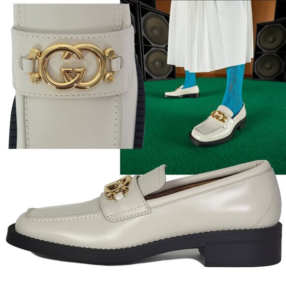 GUCCI SHOES INTERLOCKING G LOGO WHITE LEATHER LOAFERS sz 41 US 11 - Picture 1 of 15